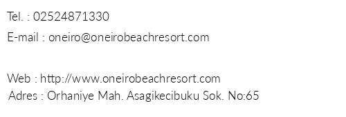 Oneiro Beach Resort telefon numaralar, faks, e-mail, posta adresi ve iletiim bilgileri
